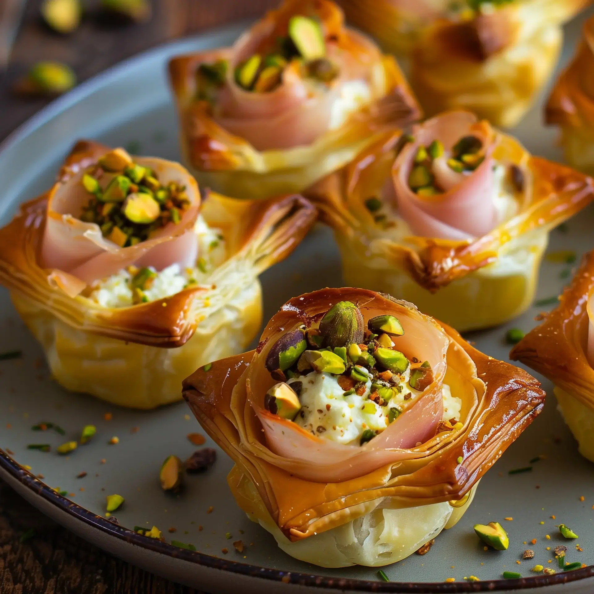 Des petites tartelettes feuilletées garnies de fromage et de jambon, décorées de pistaches.