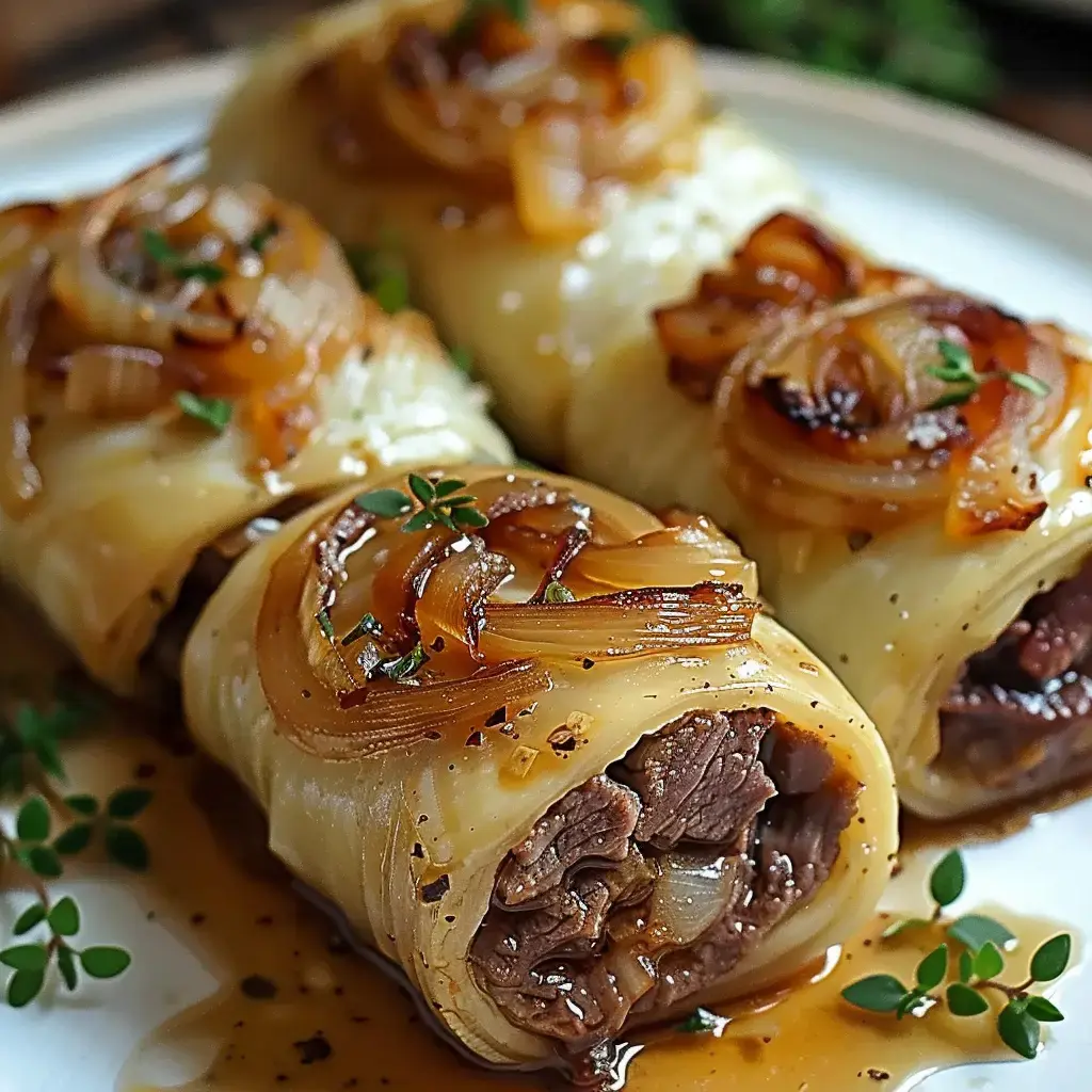 Des roulés de viande garnis d'oignons caramélisés, servies dans une sauce, disposés sur une assiette.