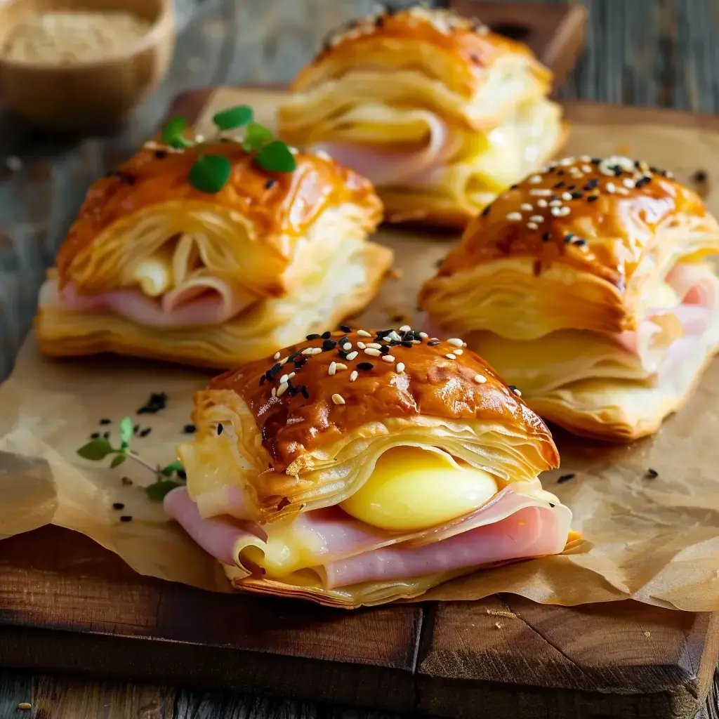 Des feuilletés dorés garnis de jambon et de fromage, avec un jaune d'œuf visible, sont présentés sur un plateau en bois.