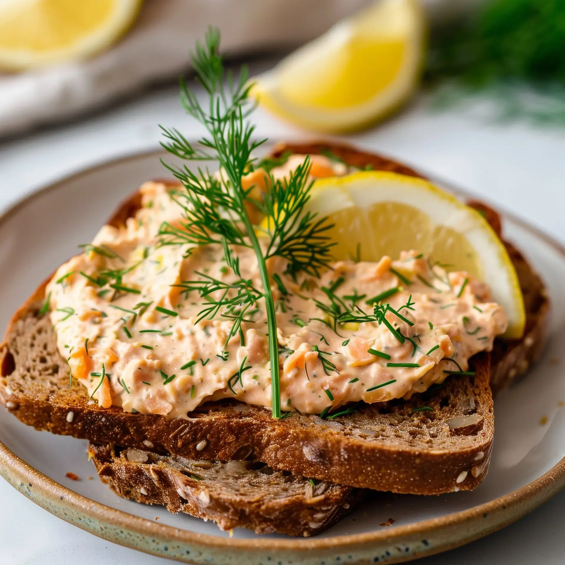 Une tartine de pain complet garnie d'une préparation crémeuse au saumon et décorée d'une tranche de citron et d'aneth.