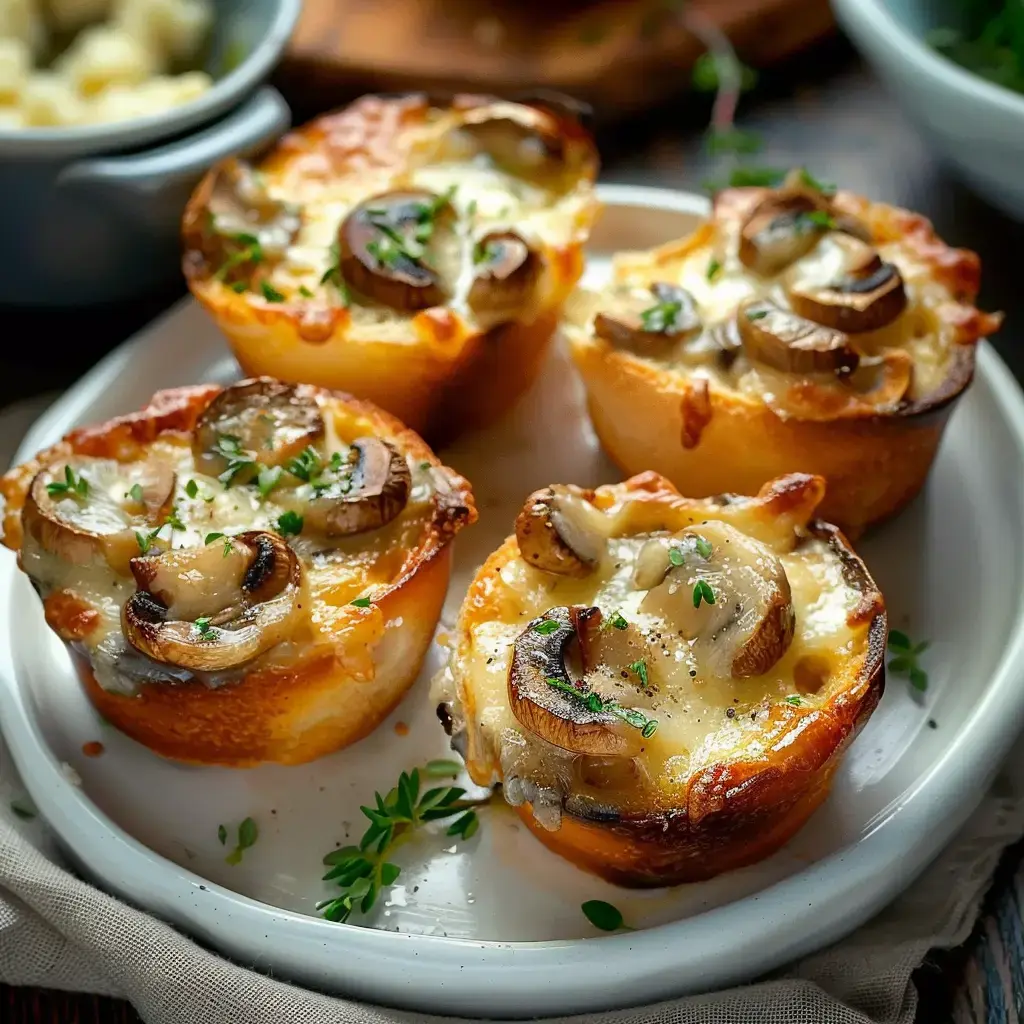 Quatre petits plats de gratin aux champignons et fromage, garnis de thym, disposés sur une assiette blanche.