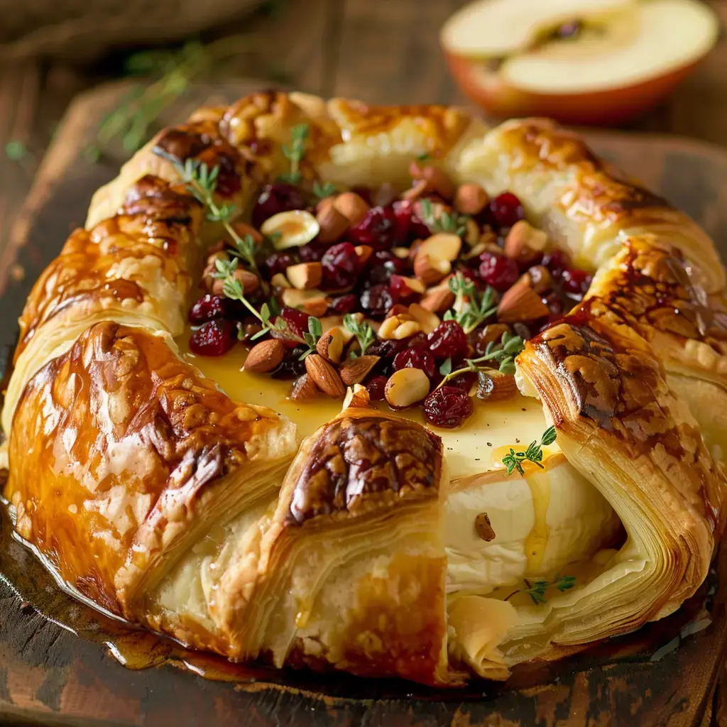 Une pâte feuilletée chaude entoure un fromage fondant garni de fruits secs, d'amandes et de thym sur une planche en bois.