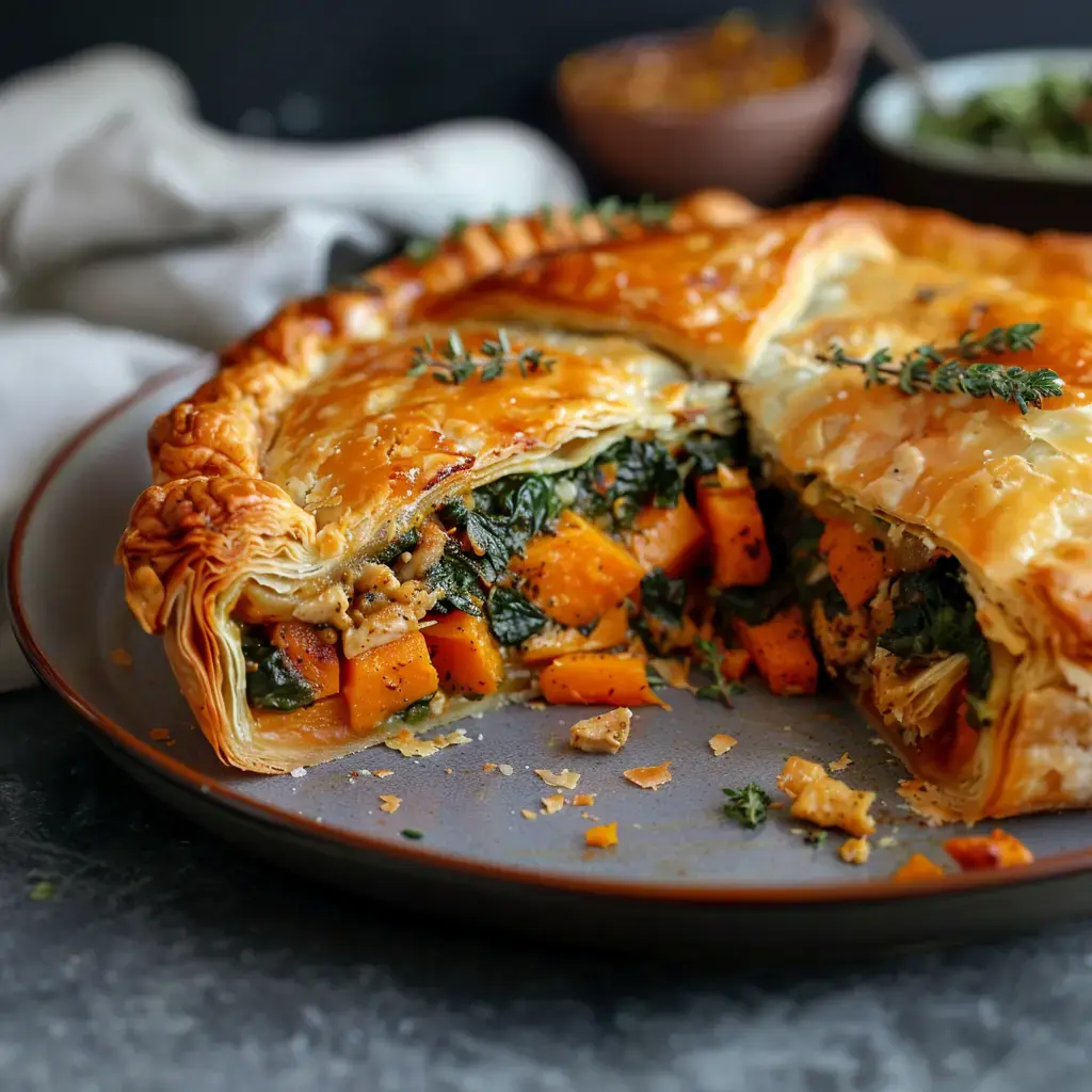 Tarte feuilletée garnie de courge, épinards et herbes, coupée pour révéler sa farce colorée.