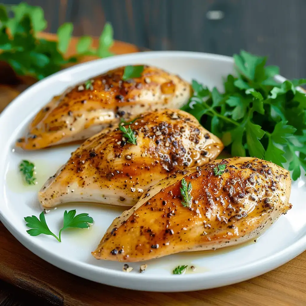 Des filets de poulet grillés, assaisonnés et garnis de persil, servis sur une assiette blanche.