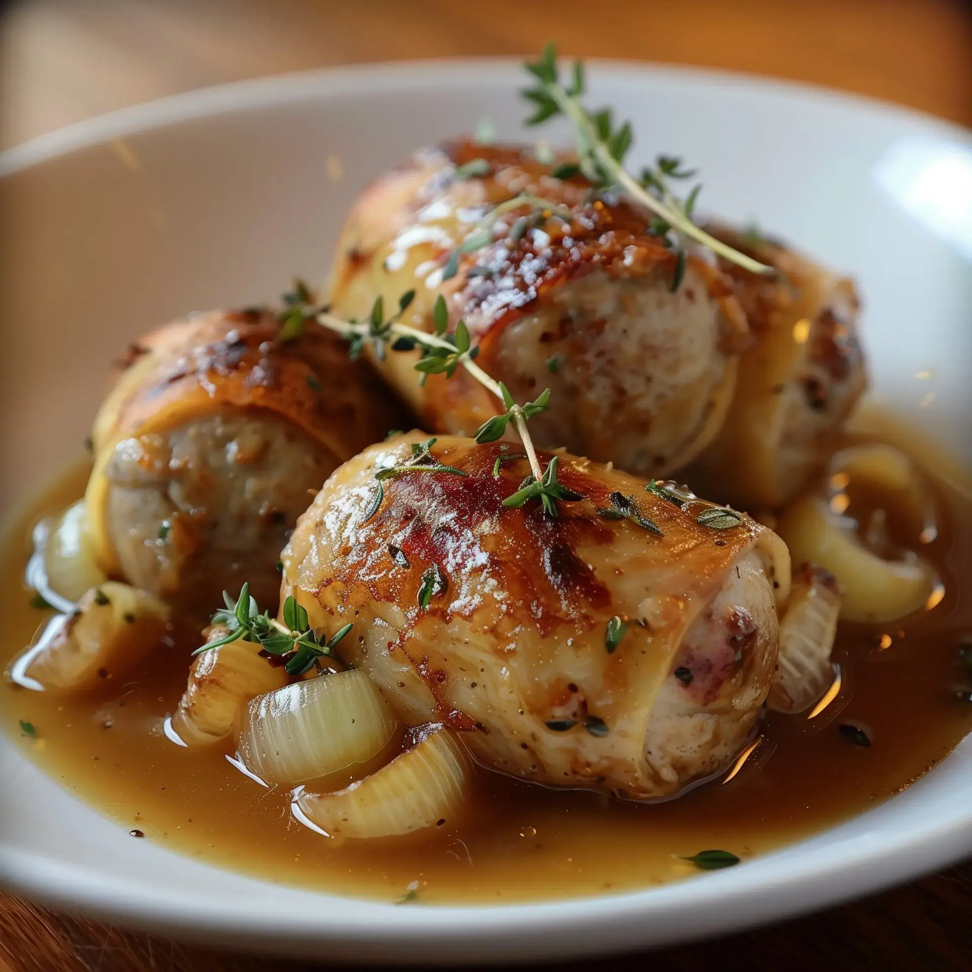 Un plat de rouleaux de viande en sauce, garnis de thym et accompagnés d'oignons coupés.