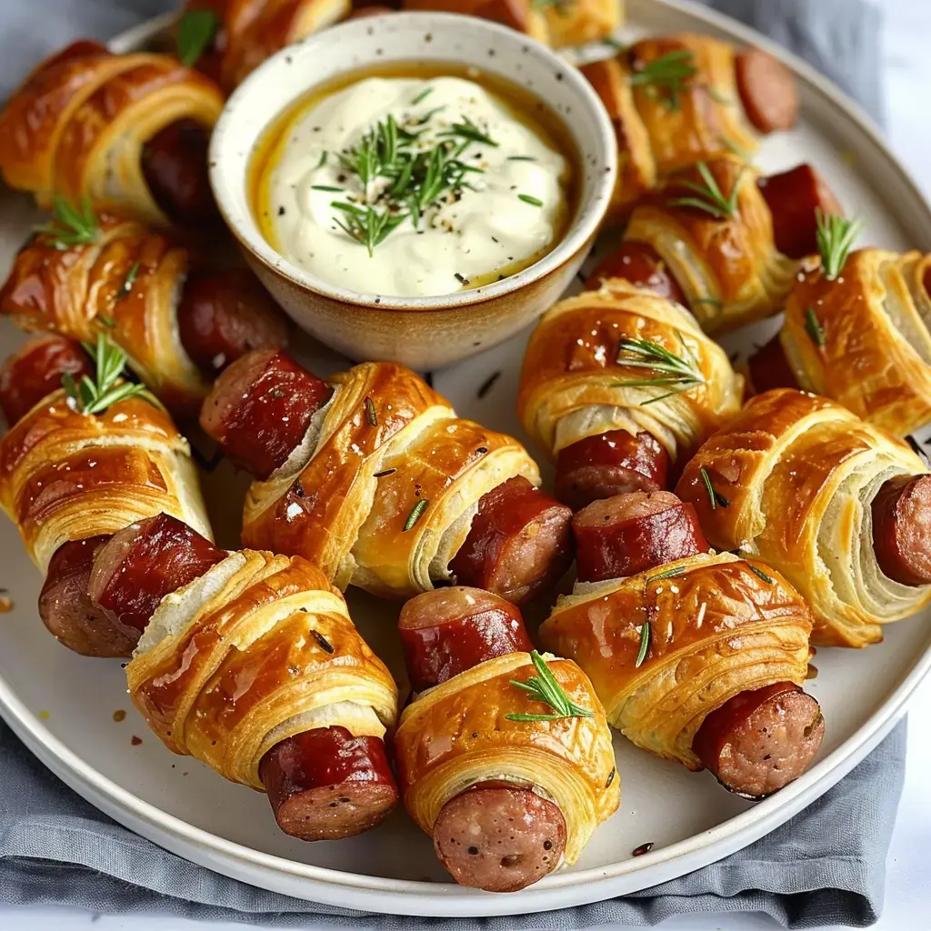 Des saucisses enroulées dans de la pâte feuilletée, accompagnées d'une petite coupelle de sauce crémeuse et d'huile d'olive.