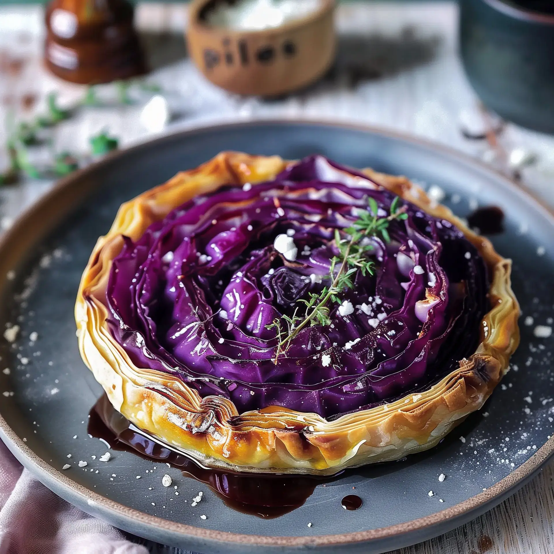 Une tarte garnie de chou rouge en forme de rose, décorée de feuilles de thym et parsemée de fromage sur une assiette.