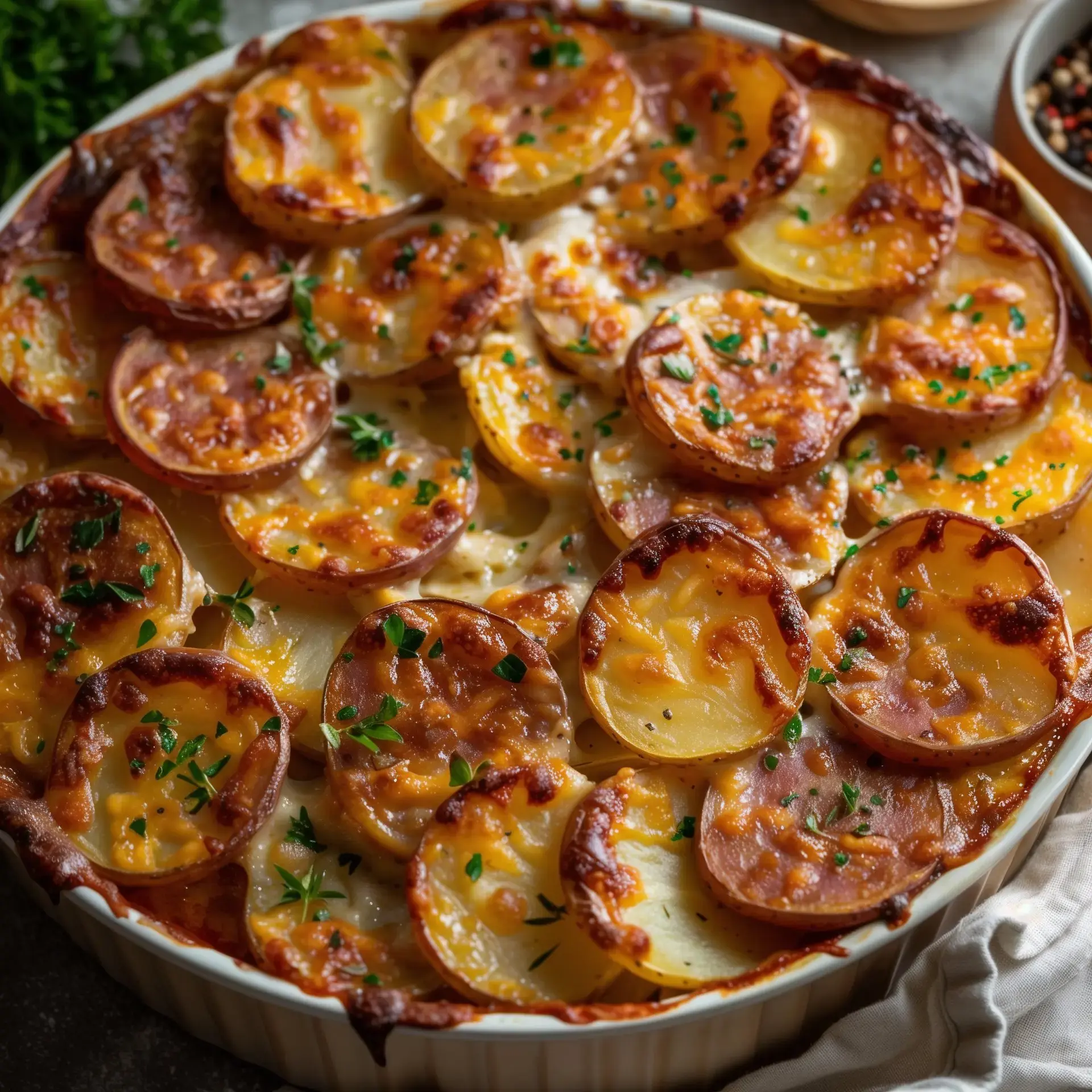 Un gratin de pommes de terre dorées, garnies de fromage fondant et de fines herbes, servi dans un plat rond.