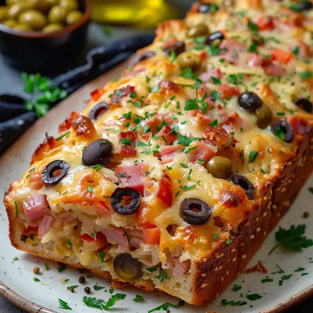 Un pain garni de jambon, tomates, olives noires et vertes, recouvert de fromage fondu et de persil.