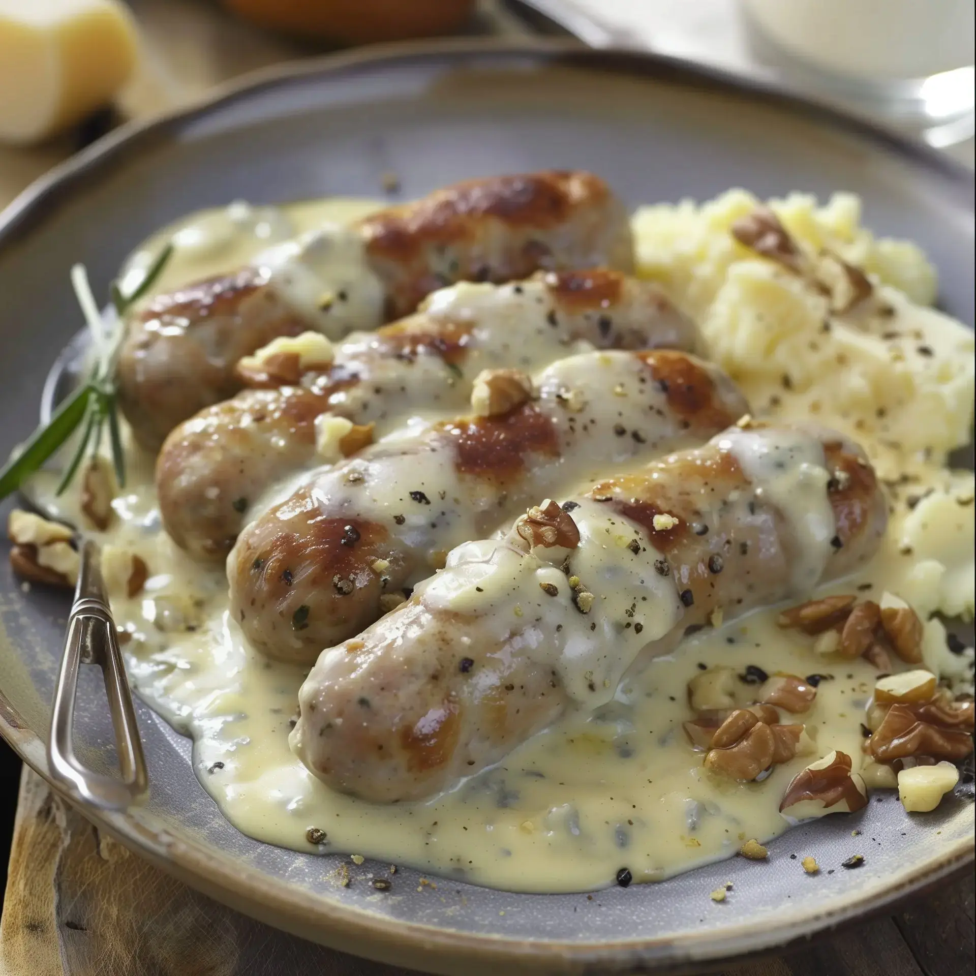 Quatre saucisses nappées d'une sauce crémeuse et accompagnées de purée de pommes de terre, garnies de noix.