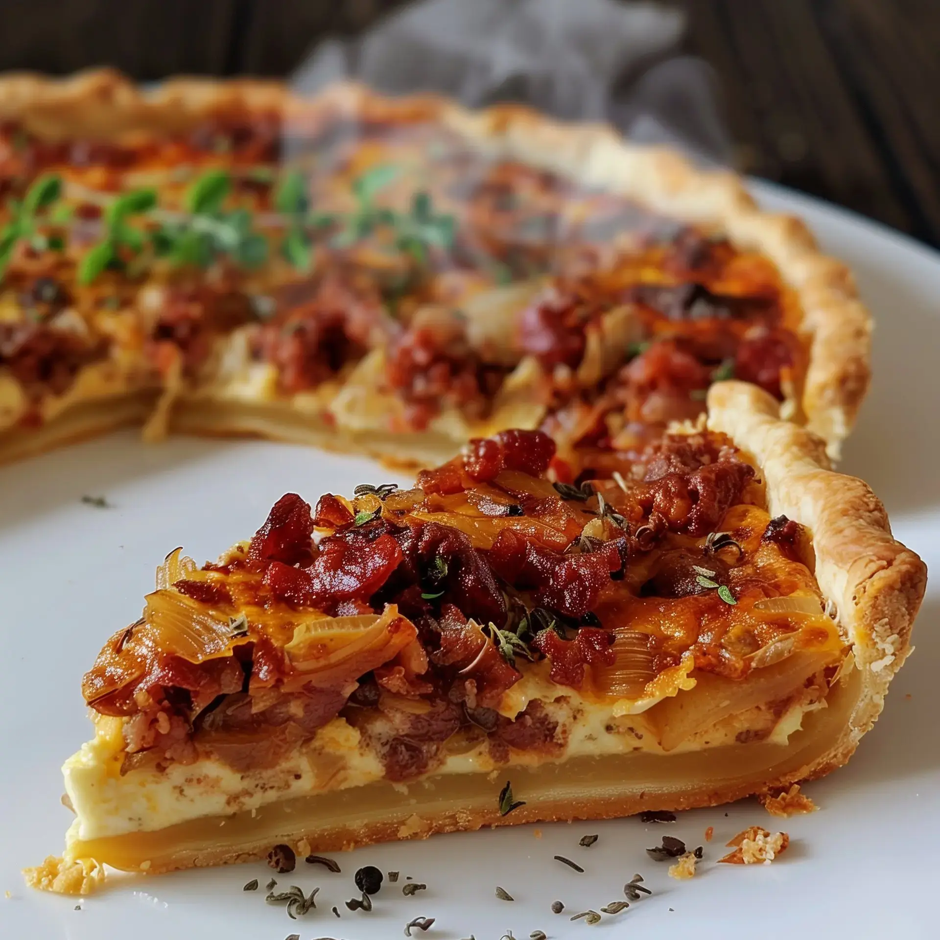 Une part de tarte garnie de viande hachée, d'oignons et d'herbes, présentée sur une assiette.