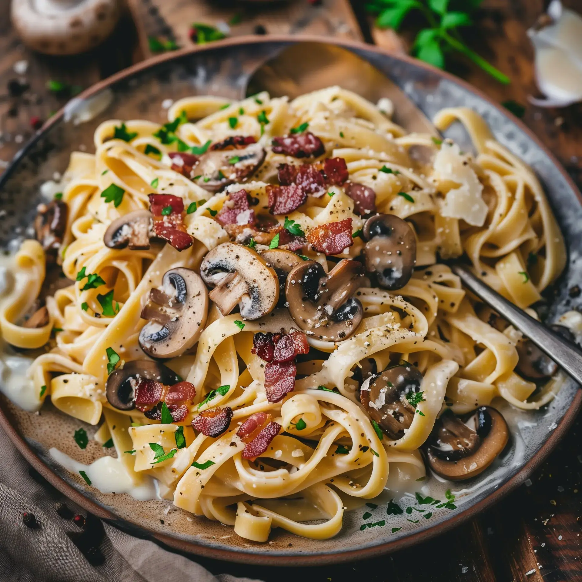 Un plat de pâtes crémeuses aux champignons et au bacon, garni de persil frais et de fromage.