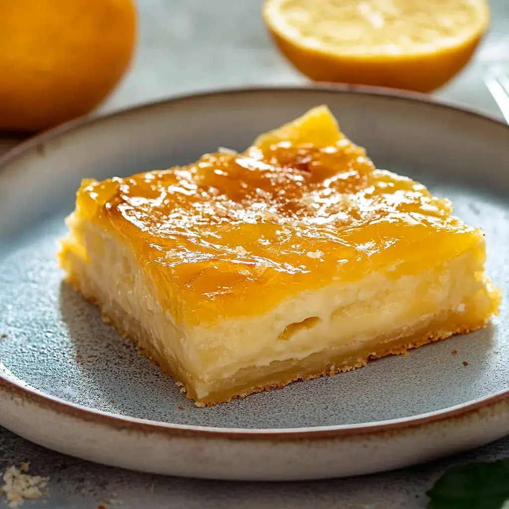 Un morceau de gâteau au citron crémeux est présenté sur une assiette, accompagné de citron frais en arrière-plan.