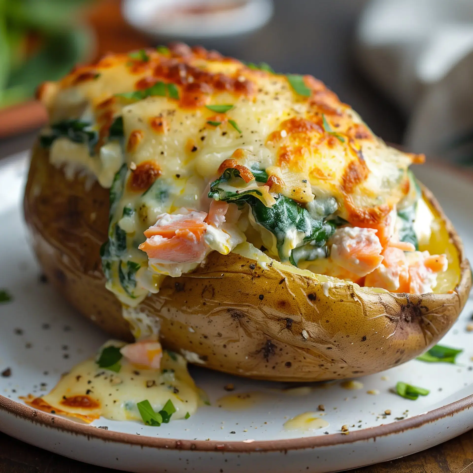 Une pomme de terre au four garnie de saumon et d'épinards, recouverte de fromage fondu, est présentée sur une assiette.