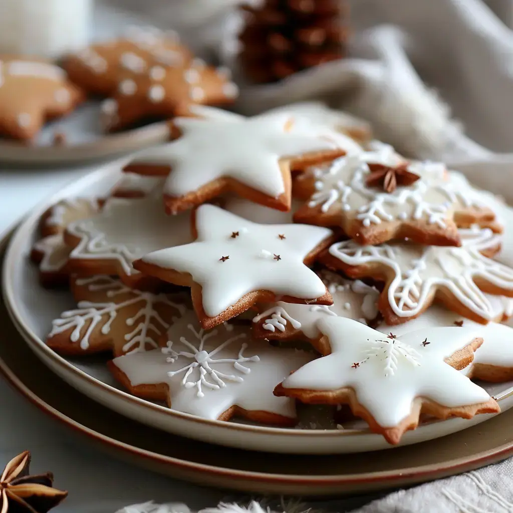 Une assiette garnie de biscuits en forme d'étoiles et de flocons de neige décorés de glaçage blanc et de motifs festifs.