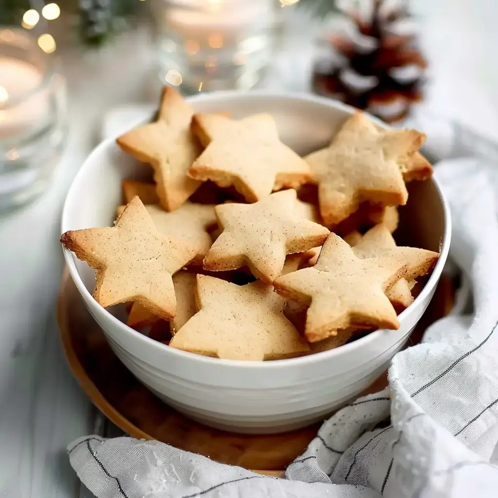 Un bol rempli de biscuits en forme d'étoile, placés sur une table décorée.