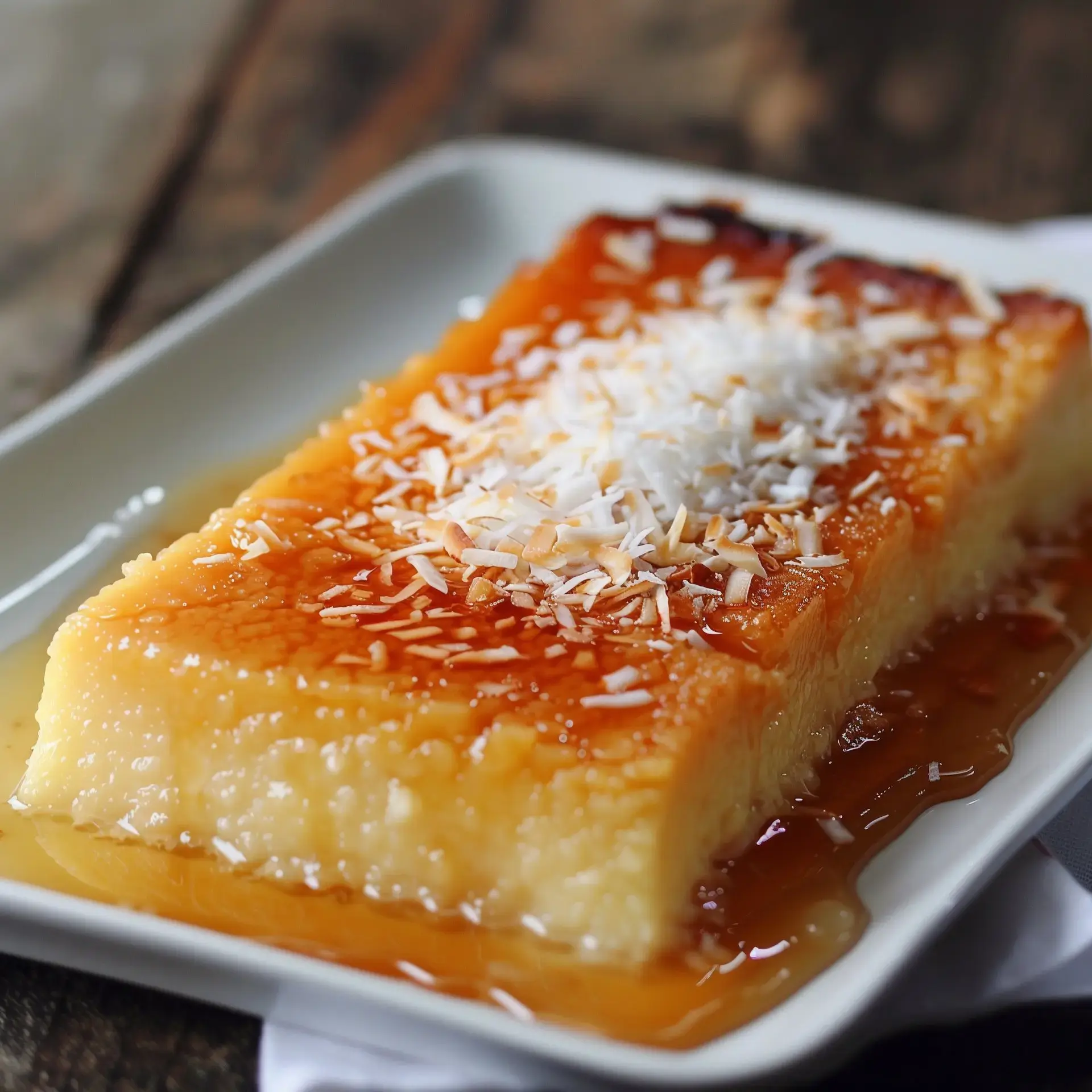 Un flan décoré de noix de coco râpée et arrosé de caramel sur une assiette blanche.