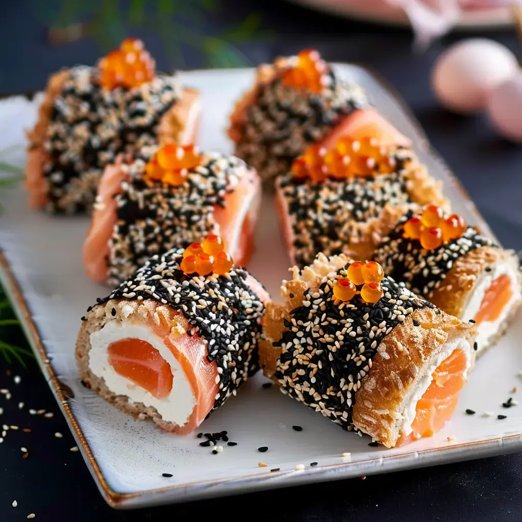 Des rouleaux de saumon garnis de fromage, enrobés de graines de sésame noir et de caviar, présentés sur une assiette.