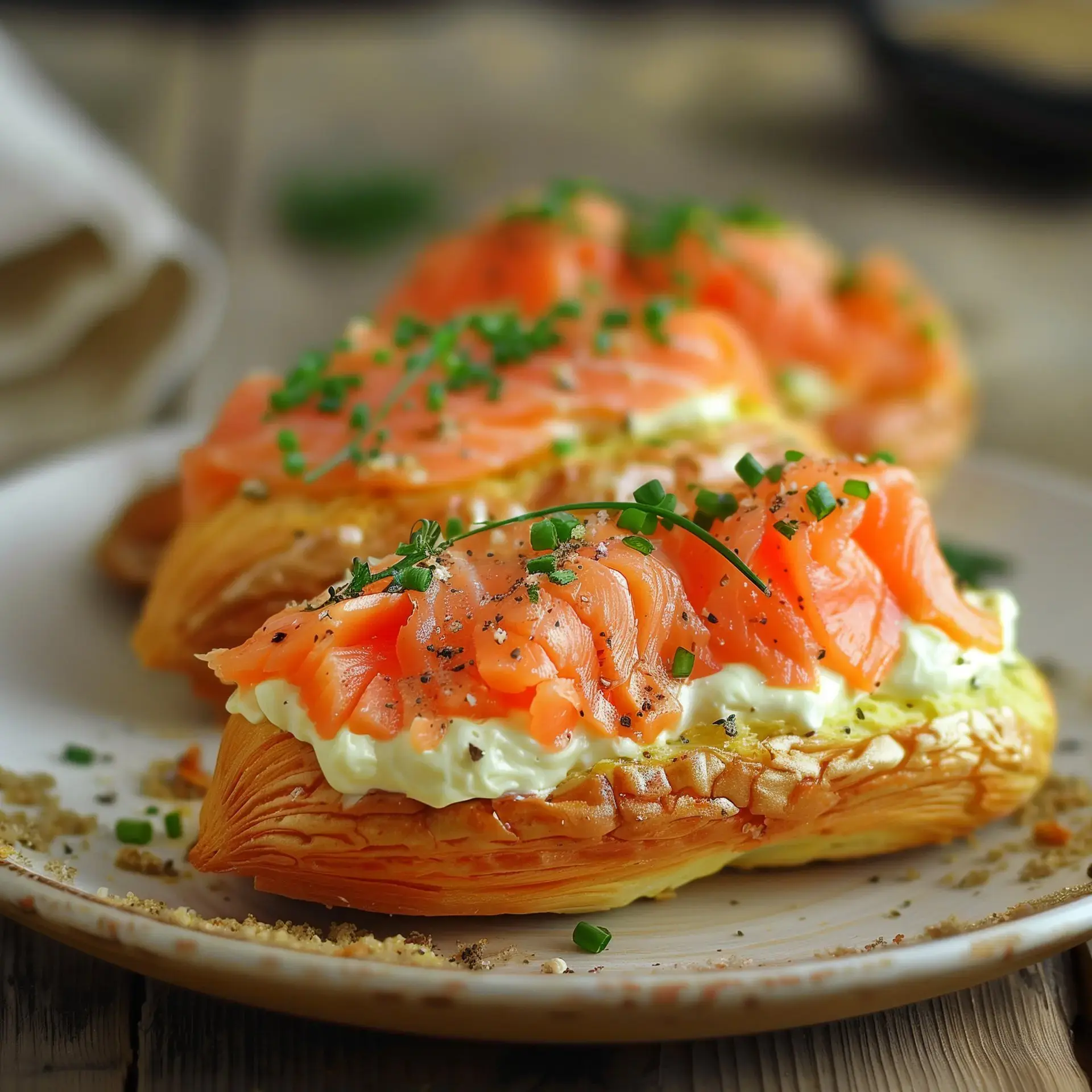 Un plat de croissants garnis de saumon fumé, de crème et d'herbes fraîches.