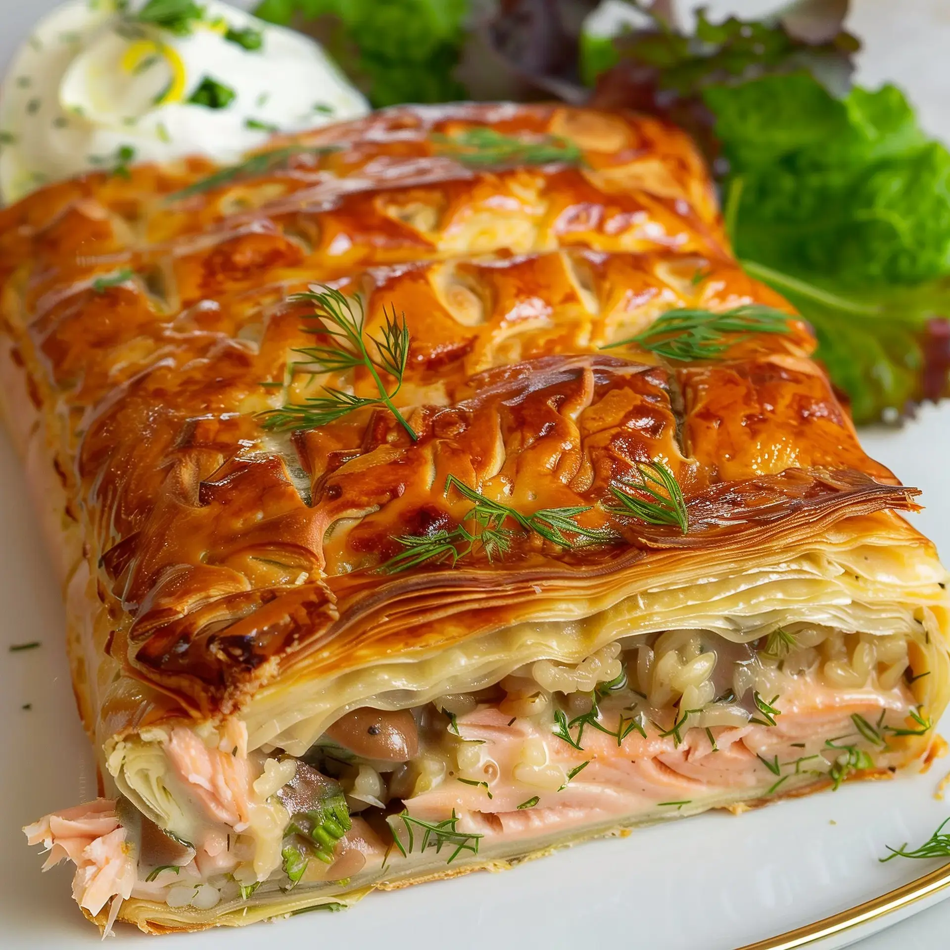 Une tourte feuilletée dorée remplie de saumon, de riz et d'herbes, accompagnée de salade et d'une cuillerée de crème.