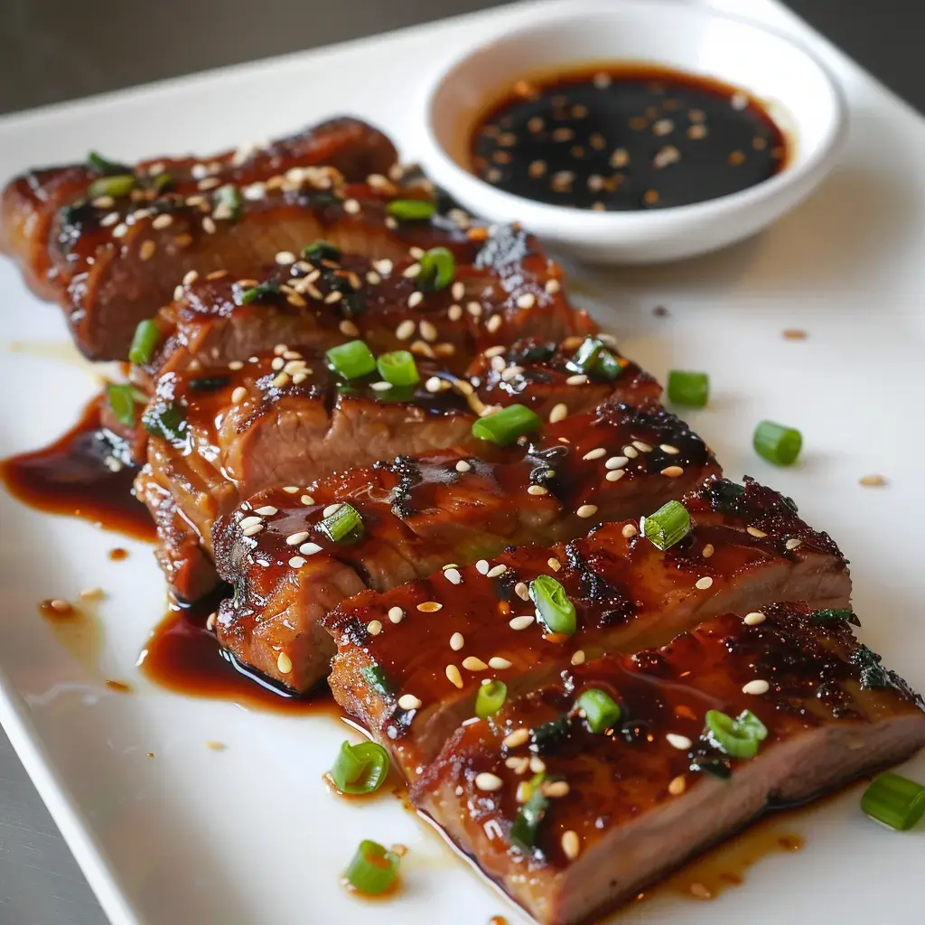 Un plat de viande marinée, coupée en tranches et garnie d'oignons verts et de graines de sésame, accompagnée d'une sauce foncée.