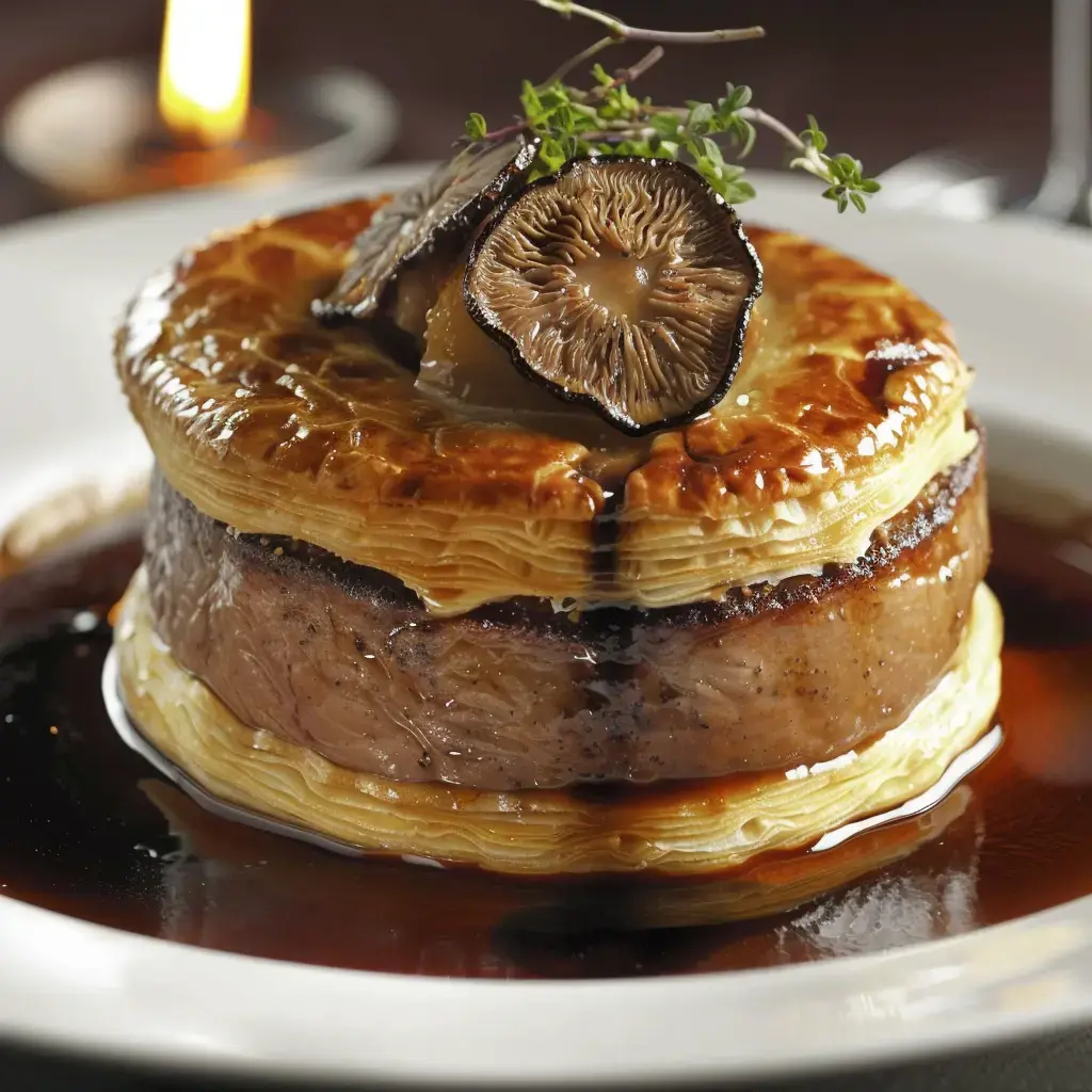 Un plat gastronomique composé de couches de pâte feuilletée, de viande et de champignons, présenté avec une sauce.