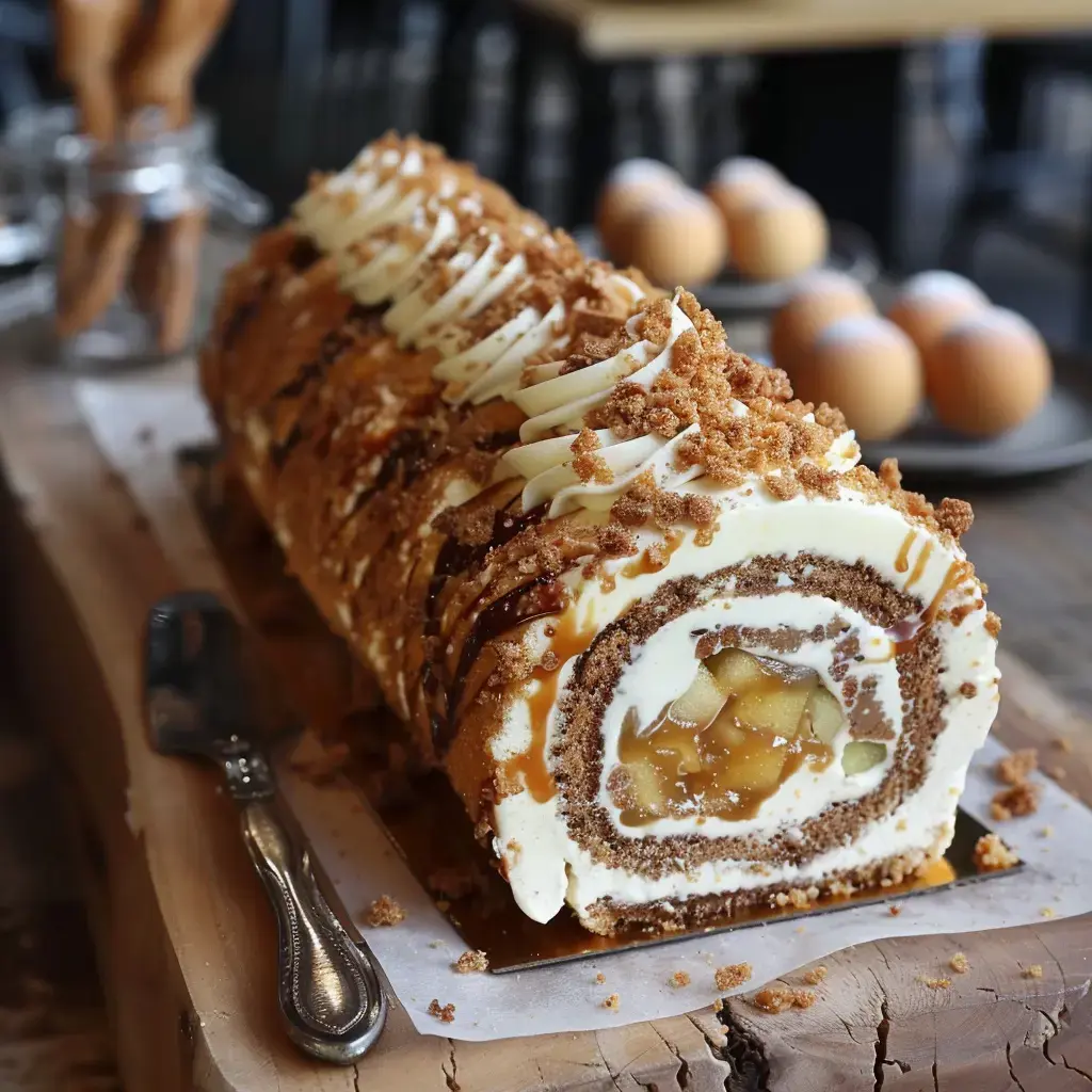 Un roulé dessert garni de crème, de morceaux de pomme et décoré de caramel et de miettes croustillantes.