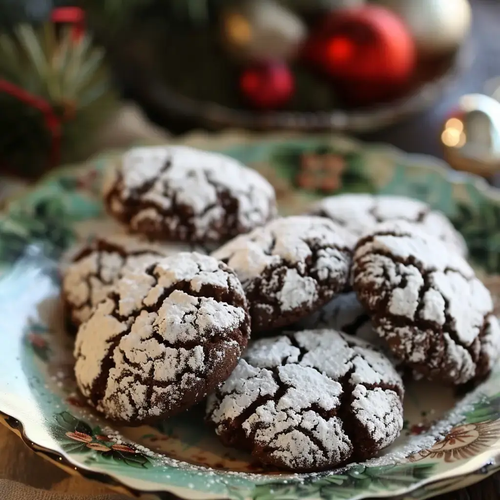 Des biscuits au chocolat saupoudrés de sucre glace sont présentés sur uneassiette décorative, avec des décorations de Noël en arrière-plan.