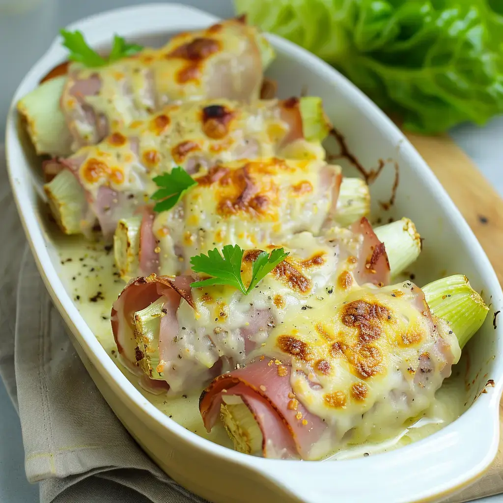 Des poireaux cuits au four, enveloppés de jambon et recouverts de fromage fondu, garnis de feuilles de persil, présentés dans un plat blanc.