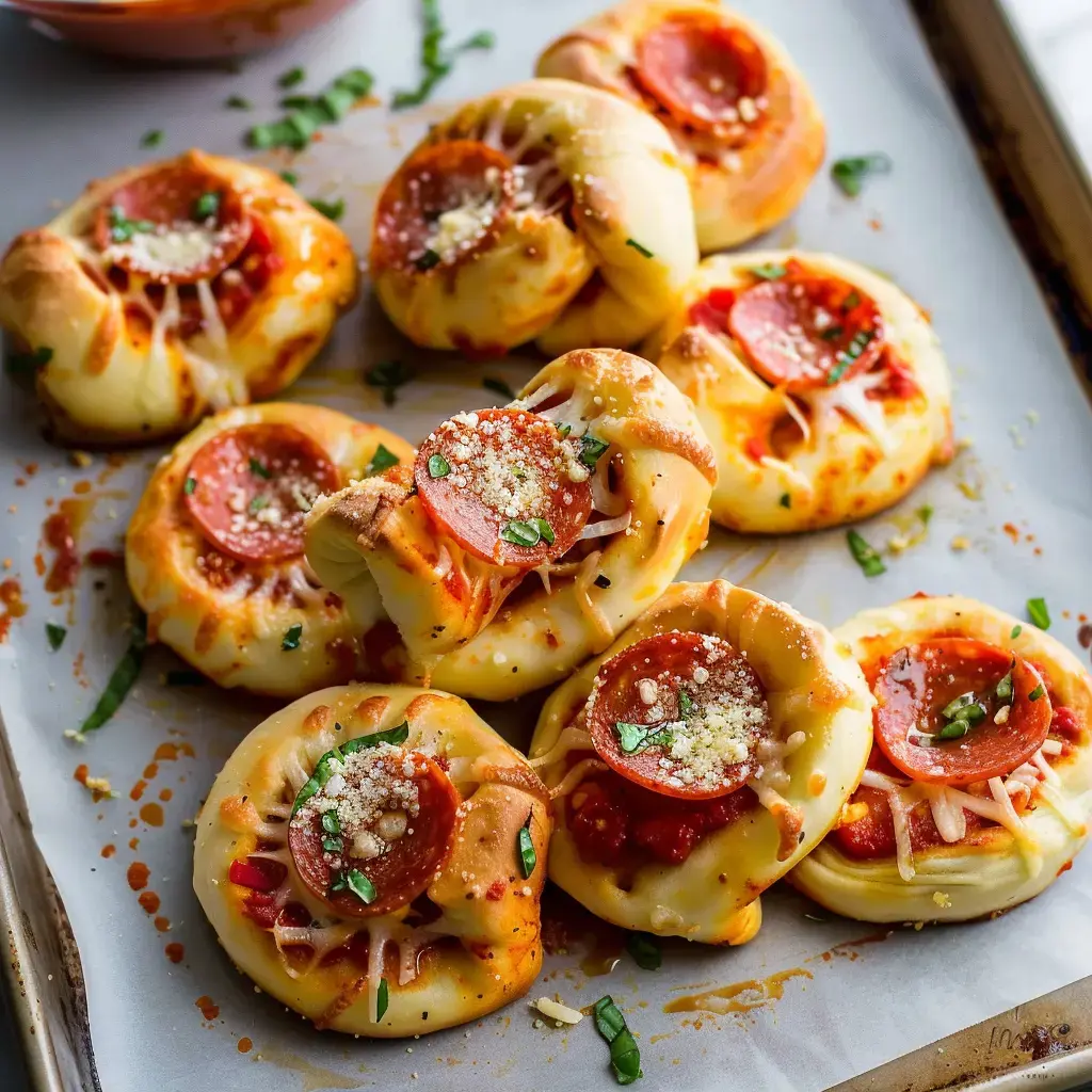 Des petites pizzas garnies de pepperoni, de sauce tomate et de fromage, disposées sur un plateau.