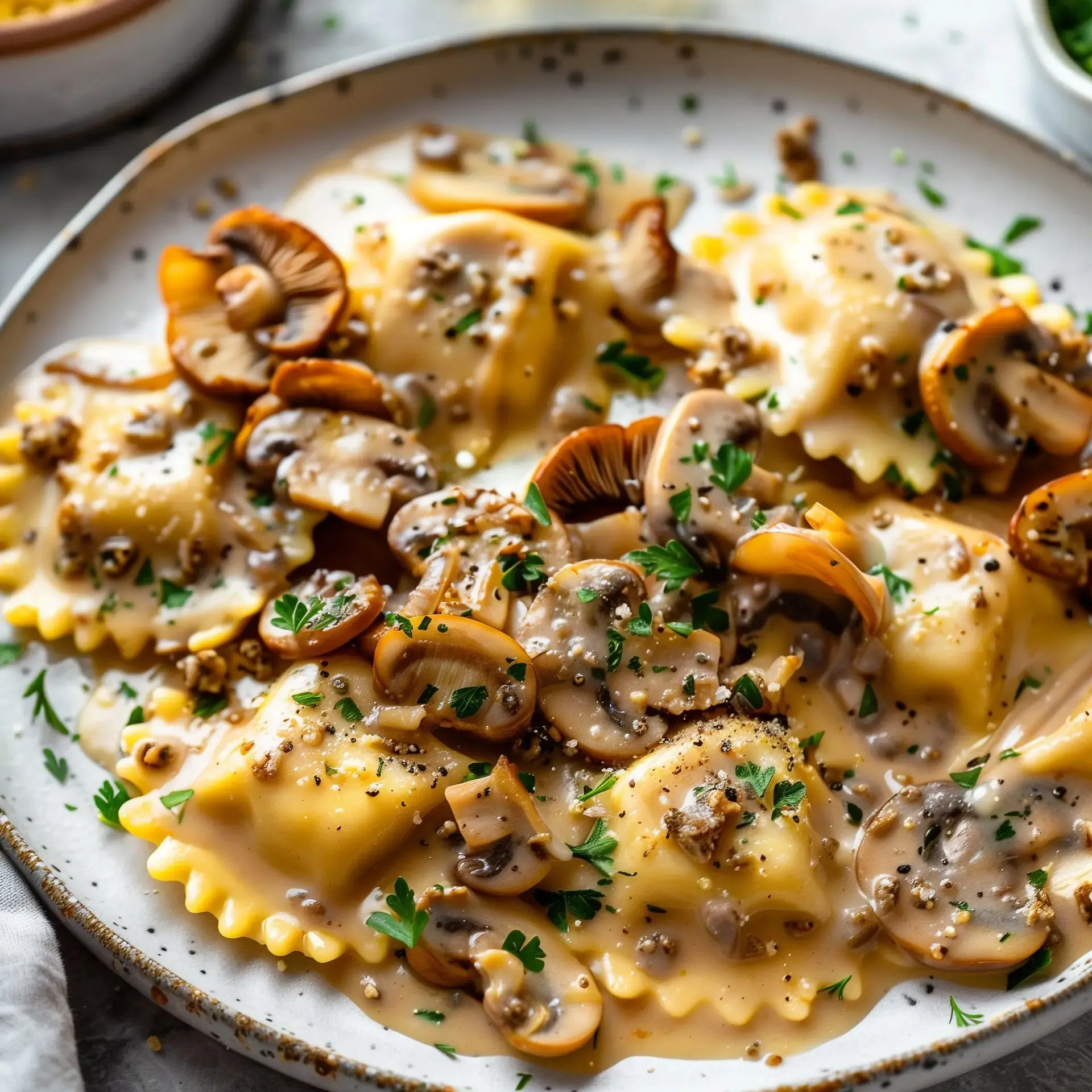 Des raviolis garnis recouverts de sauce crémeuse et de champignons, servis dans une assiette décorée de persil et de poivre.