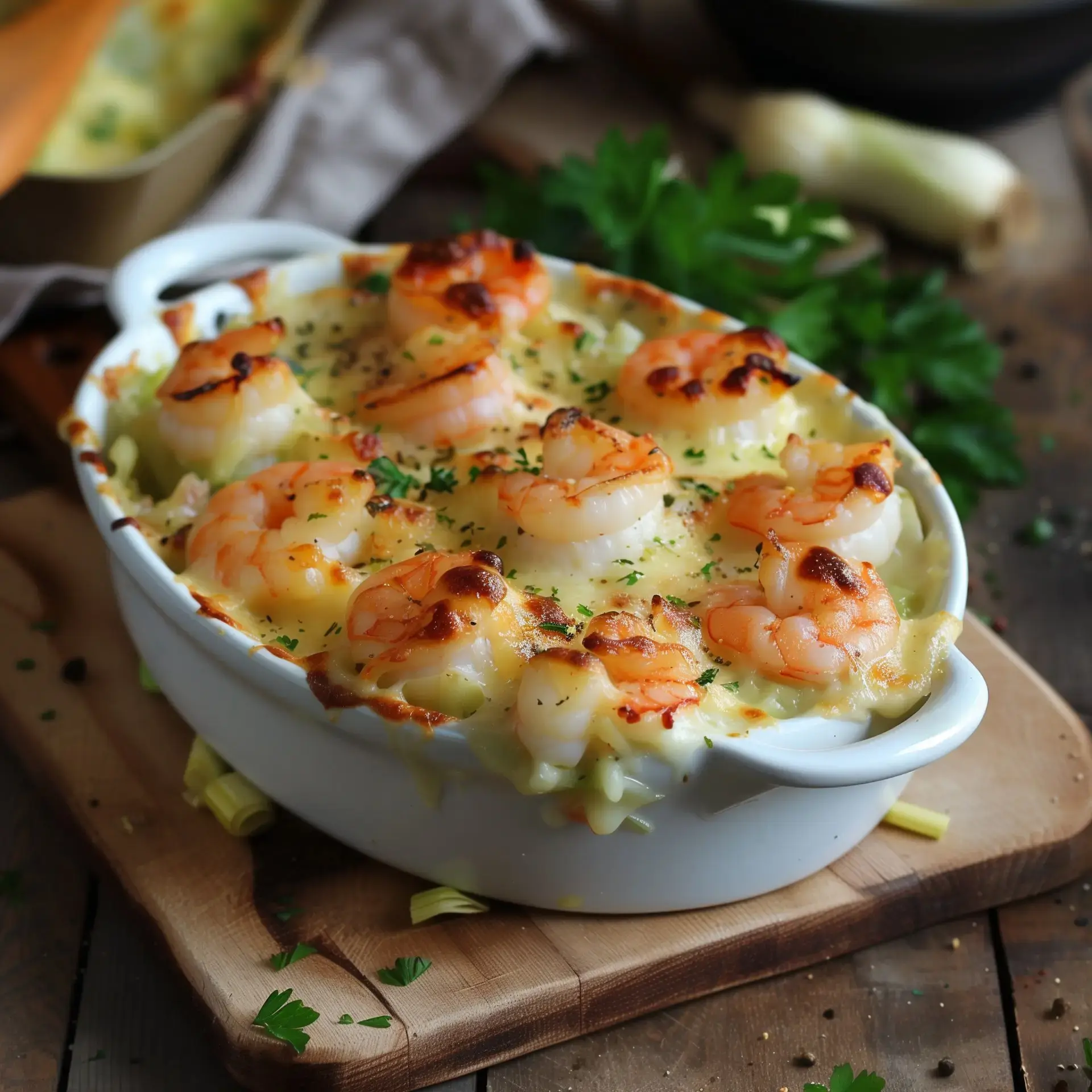 Gratin de fruits de mer avec des crevettes dorées, garni de fromage et de persil frais.