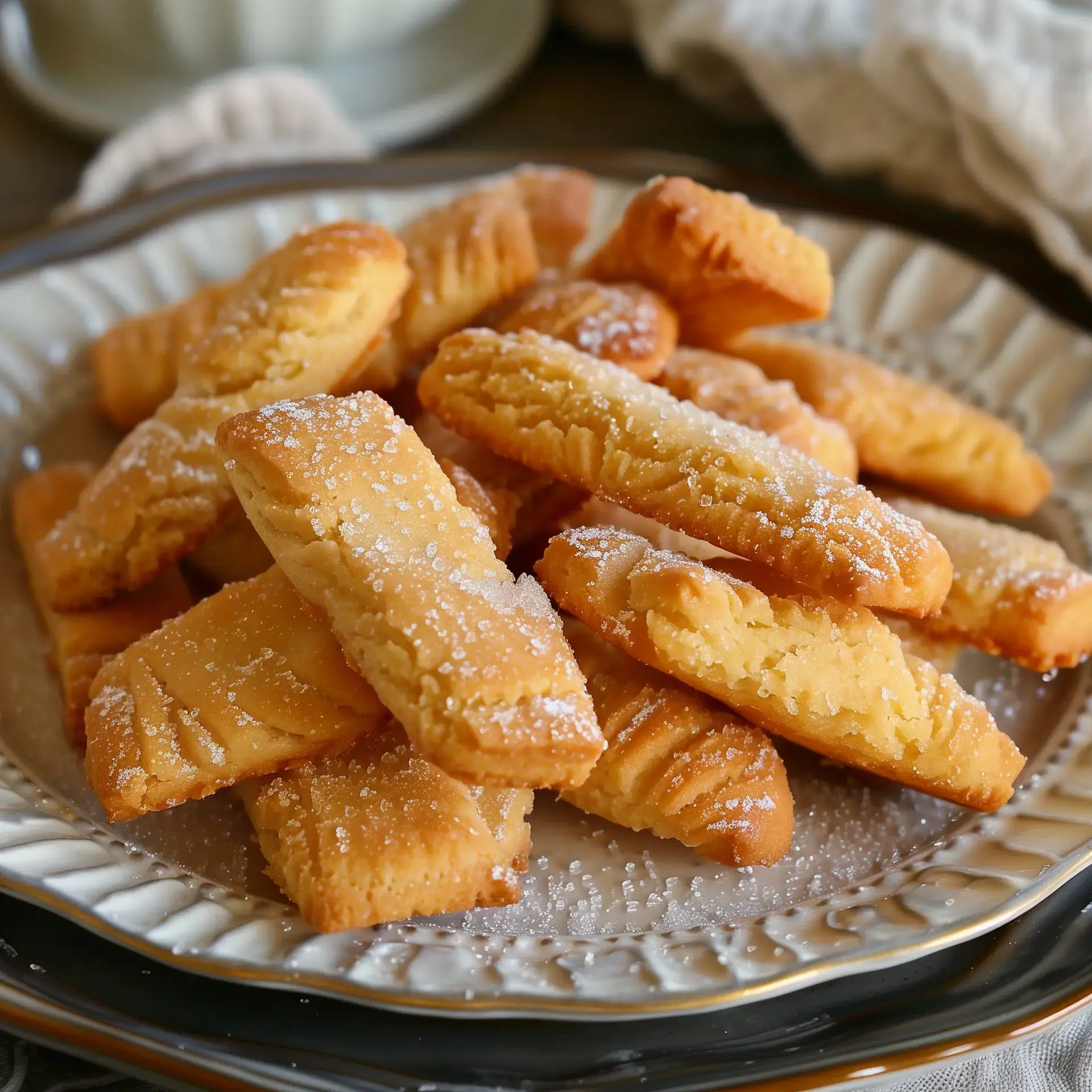 Un plateau de biscuits dorés, légèrement saupoudrés de sucre, disposés en piles.