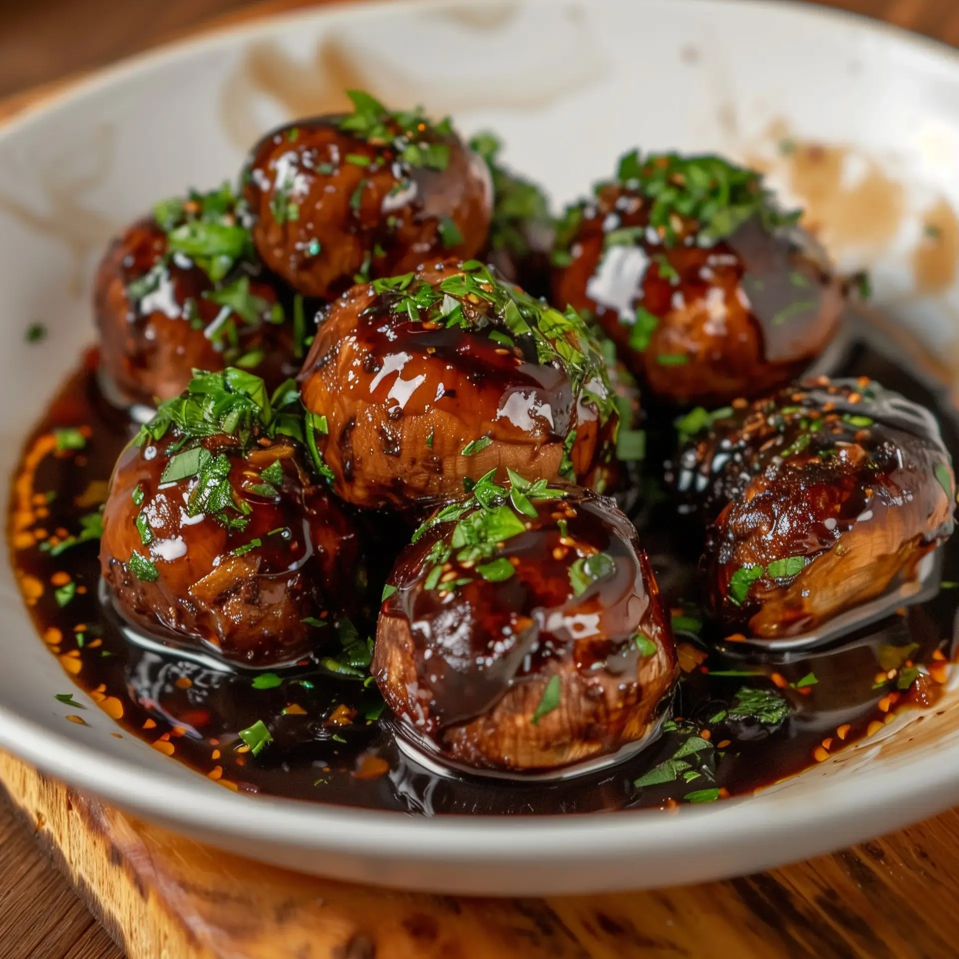 Des champignons glissés dans une sauce sombre, garnis de ciboulette hachée, sont servis dans un bol.