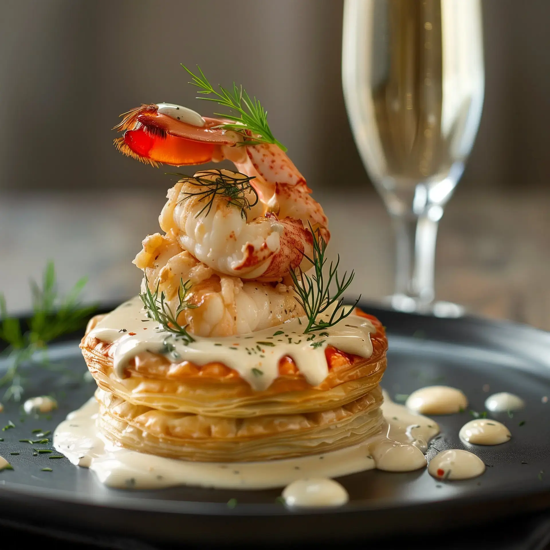 Une assiette élégante présente une tour de feuilletés garnis de fruits de mer, nappée de sauce crémeuse et décorée de brins d'aneth, accompagnée d'un verre de champagne.