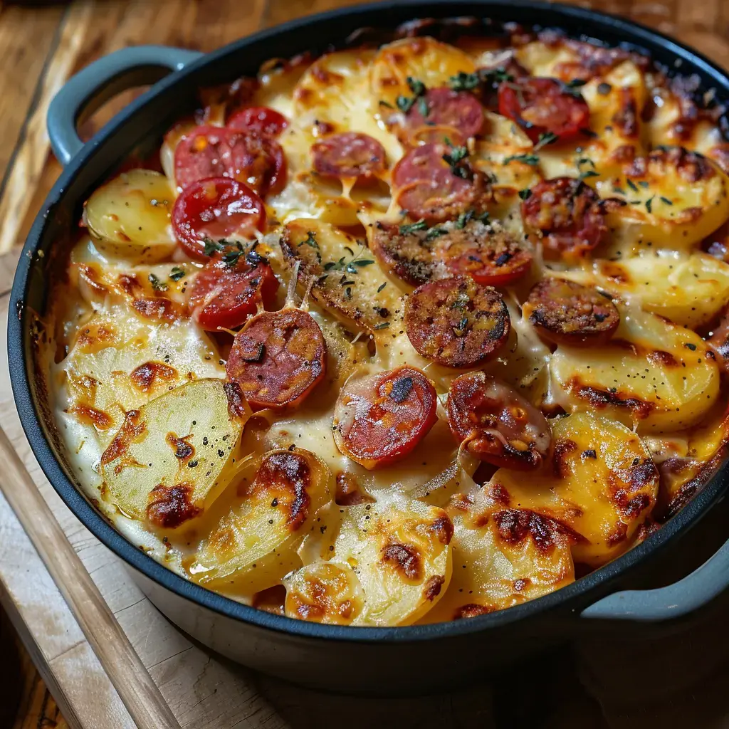 Un gratin de pommes de terre au chorizo et au fromage, doré et appétissant, servi dans un plat en fonte.