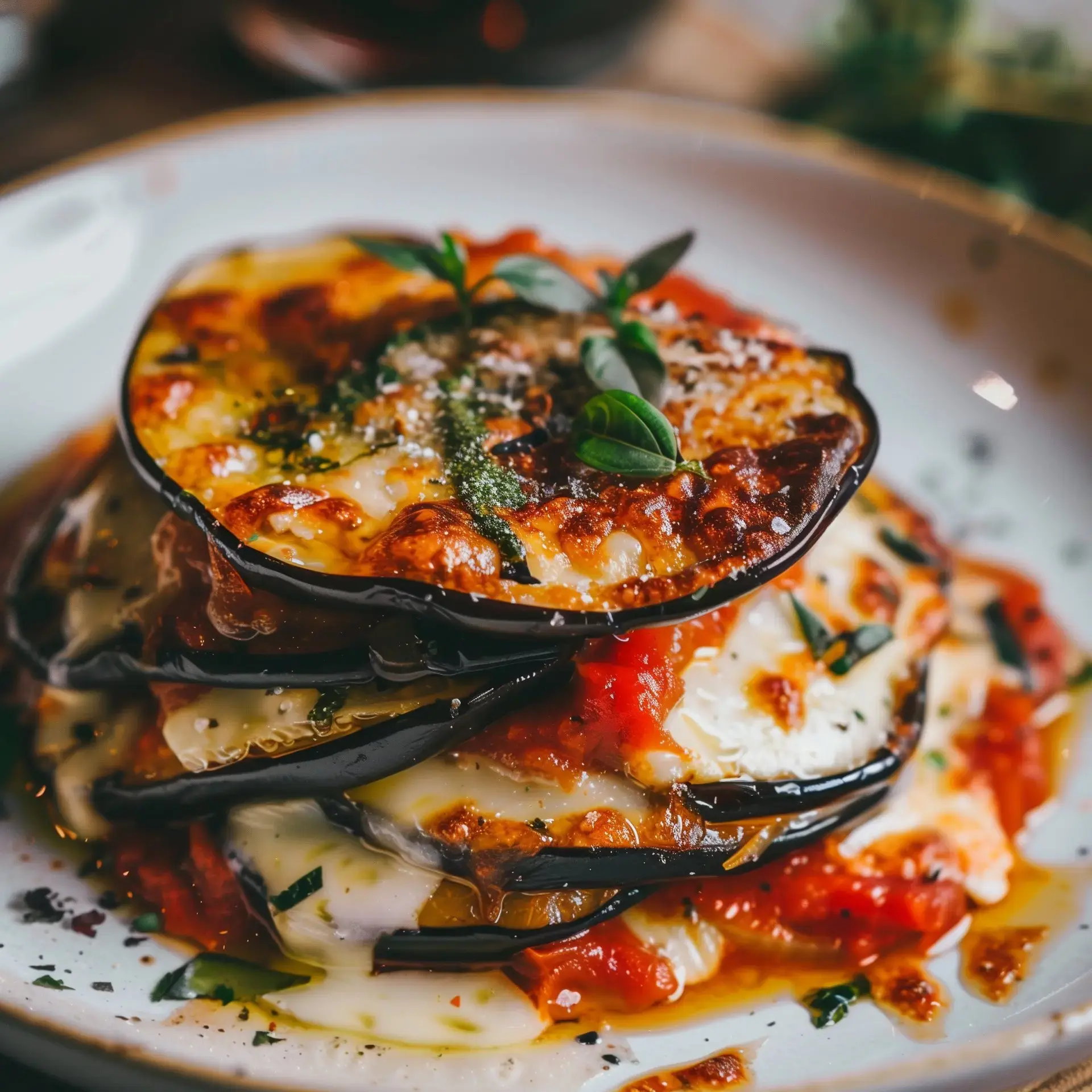 Un plat de moussaka composé de couches d'aubergine, de sauce tomate et de fromage fondant, garni de feuilles de basilic.