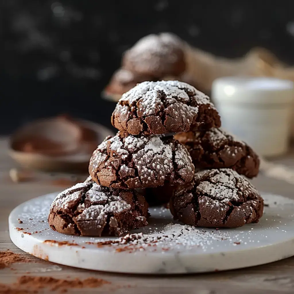 Des biscuits au chocolat empilés sur une assiette en marbre, saupoudrés de sucre glace.