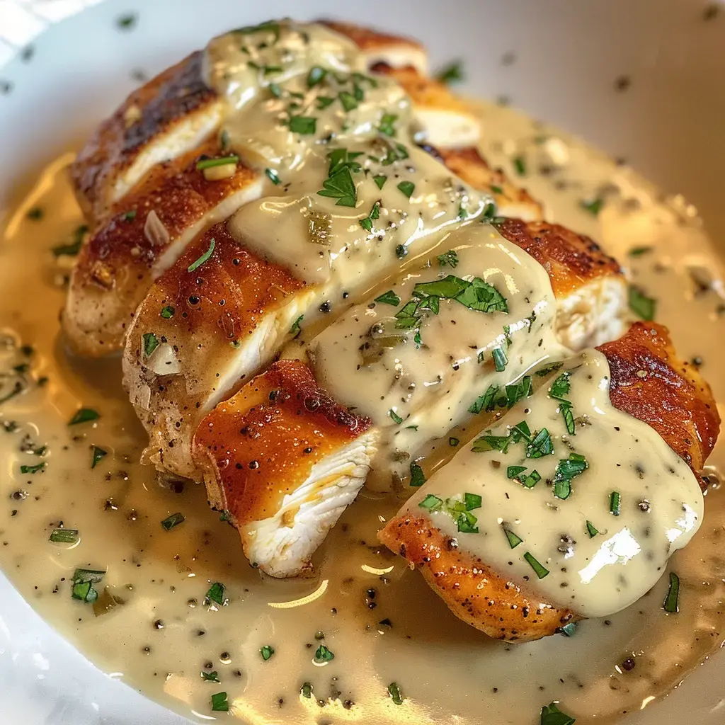 Un plat de poulet grillé tranché, nappé d'une sauce crémeuse et garni de persil frais.