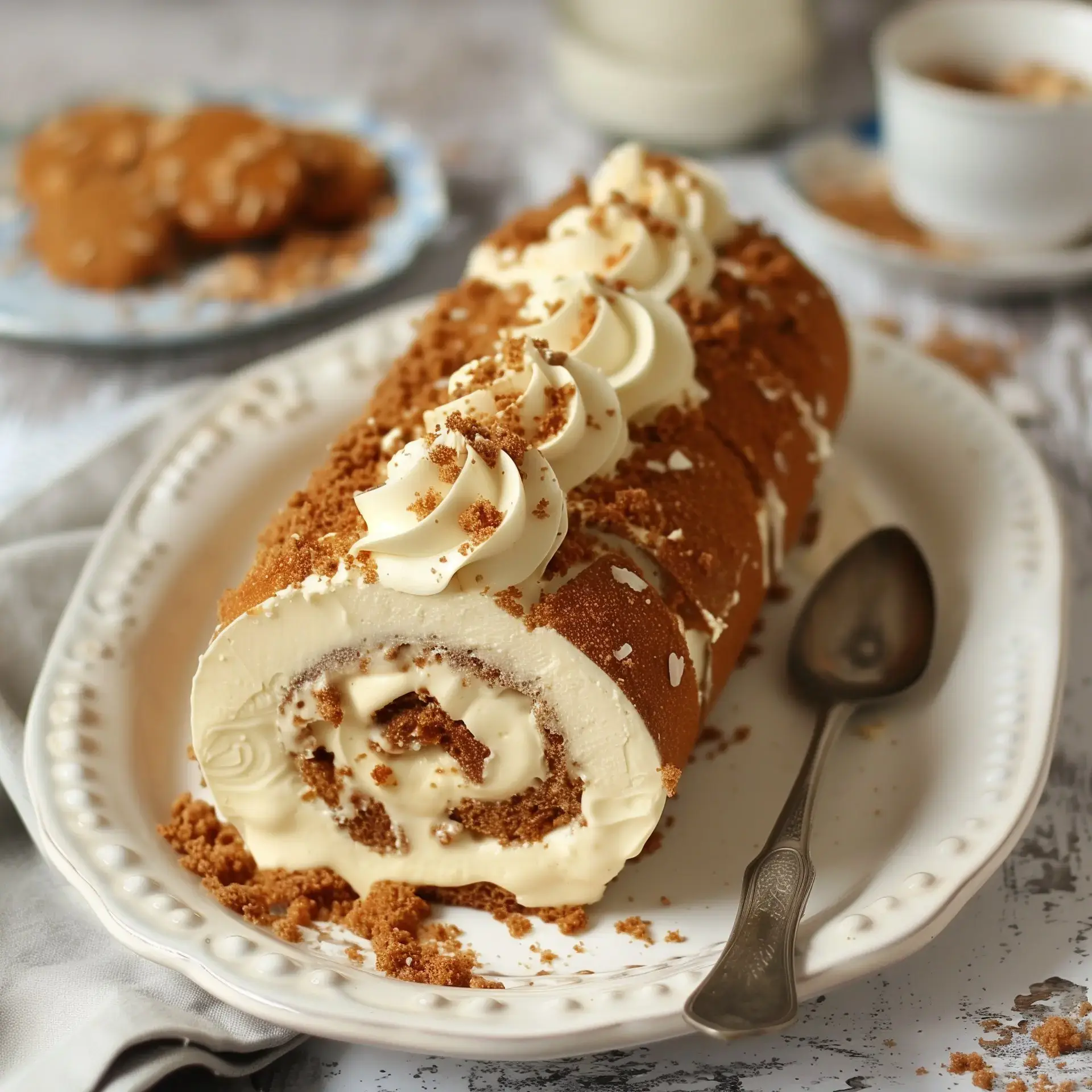 Un gâteau roulé garni de crème et de miettes de biscuits est présenté sur un plat avec une cuillère à côté.