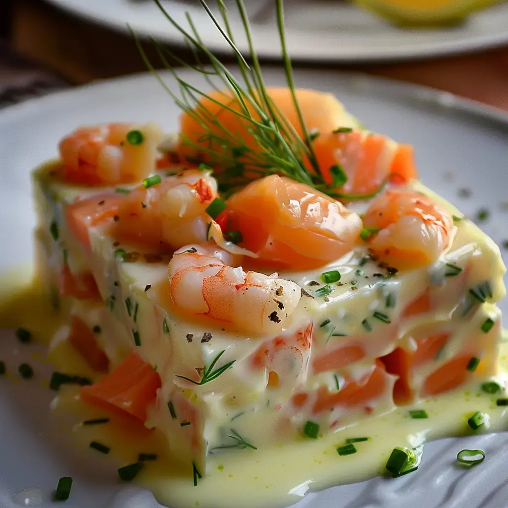 Un carré de gelée aux crevettes et saumon, garni d'aneth et de ciboulette, servi avec une sauce crémeuse.