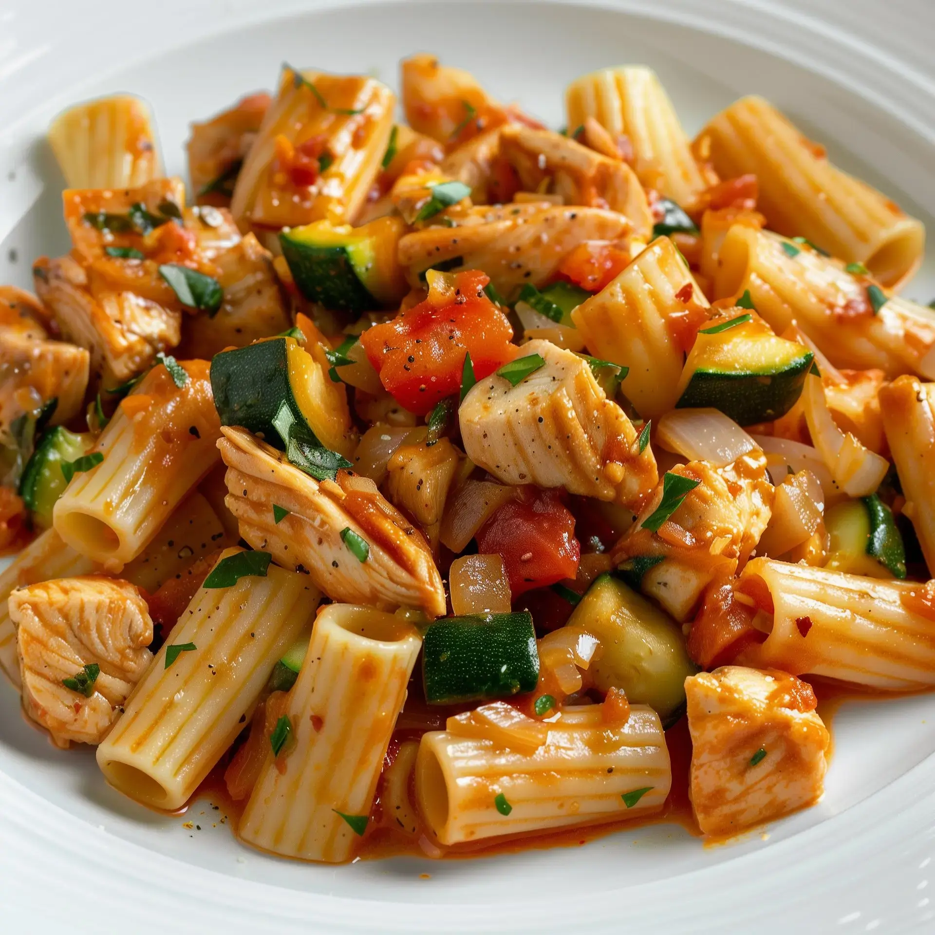 Un plat de pâtes rigatoni mélangé avec des morceaux de poulet, des courgettes et des tomates dans une sauce tomate garnie de persil.