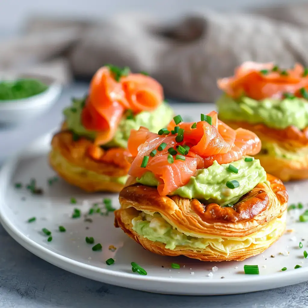 Des vol-au-vent garnis de crème d'avocat et de saumon fumé, décorés de ciboulette, sur une assiette blanche.