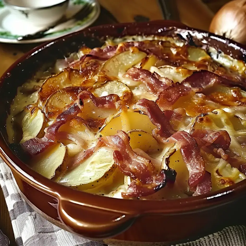 Un gratin de pommes de terre au bacon doré, servi dans un plat en céramique.