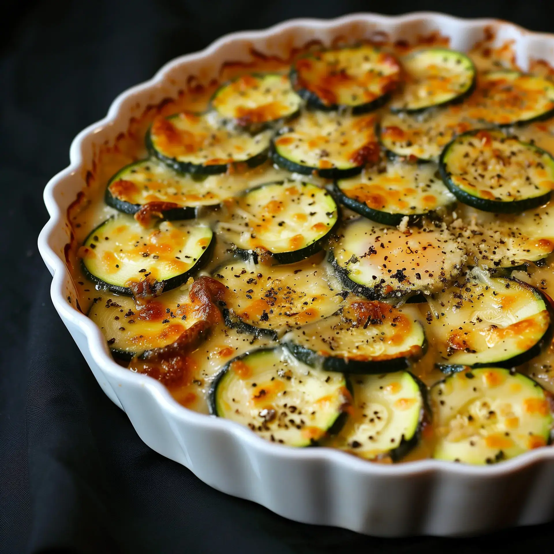 Un plat de courgettes tranchées cuites au four avec du fromage doré et des épices.