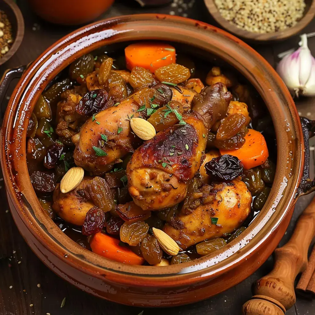 Un plat de poulet aux abricots, raisins secs et amandes, présenté dans une cocotte en terre cuite.