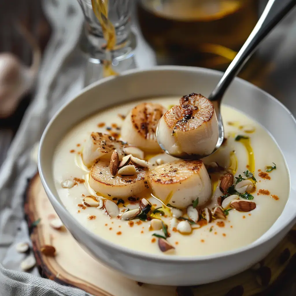 Un bol de soupe crémeuse garni de pétoncles grillés et décoré d'amandes et d'herbes.