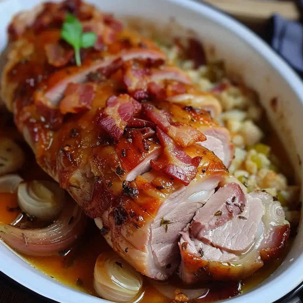 Un rôti de viande juteux enrobé de bacon, servi avec des oignons caramélisés et des légumes dans un plat.