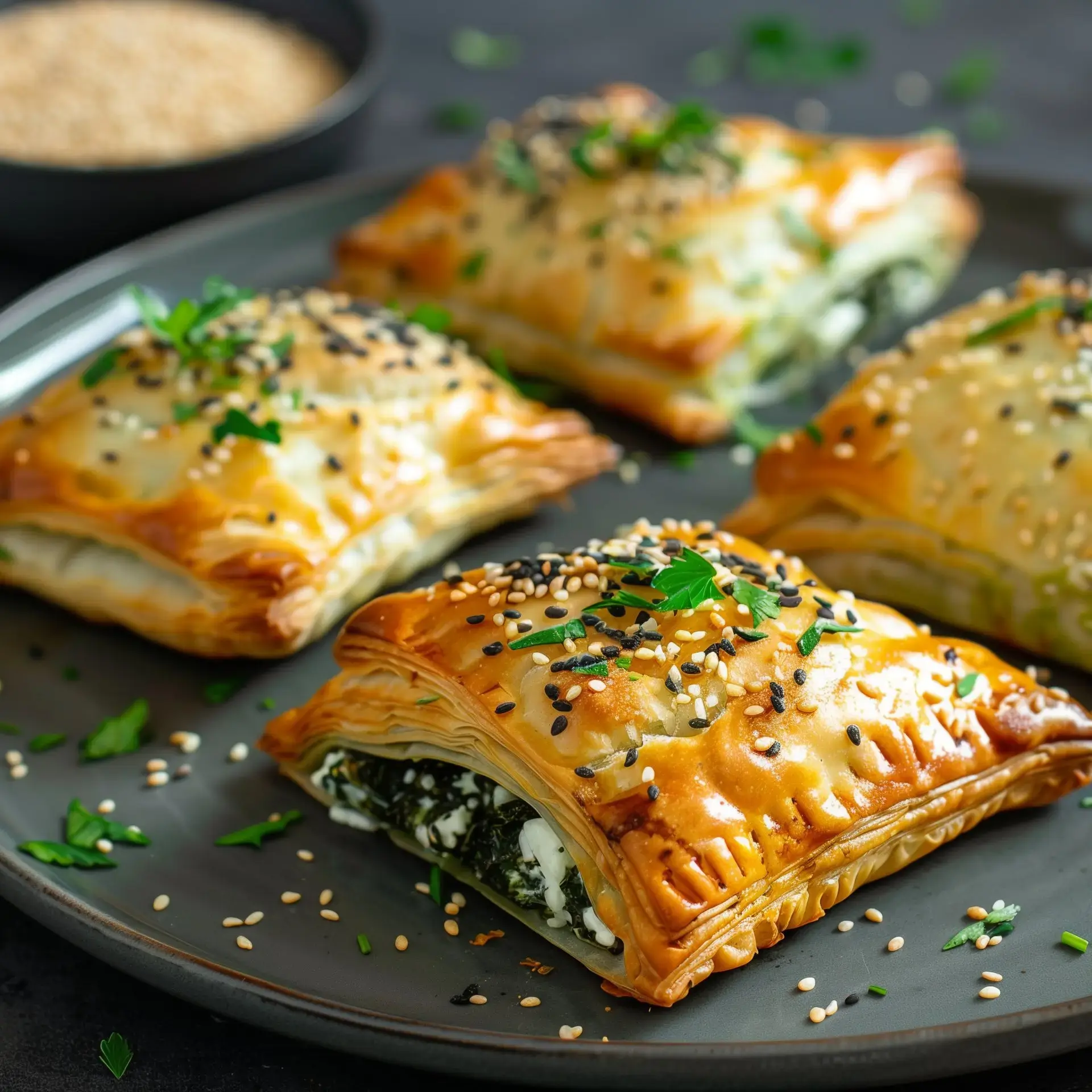 Des chaussons feuilletés garnis d'épinards et de fromage, parsemés de graines de sésame, sont présentés sur une assiette.