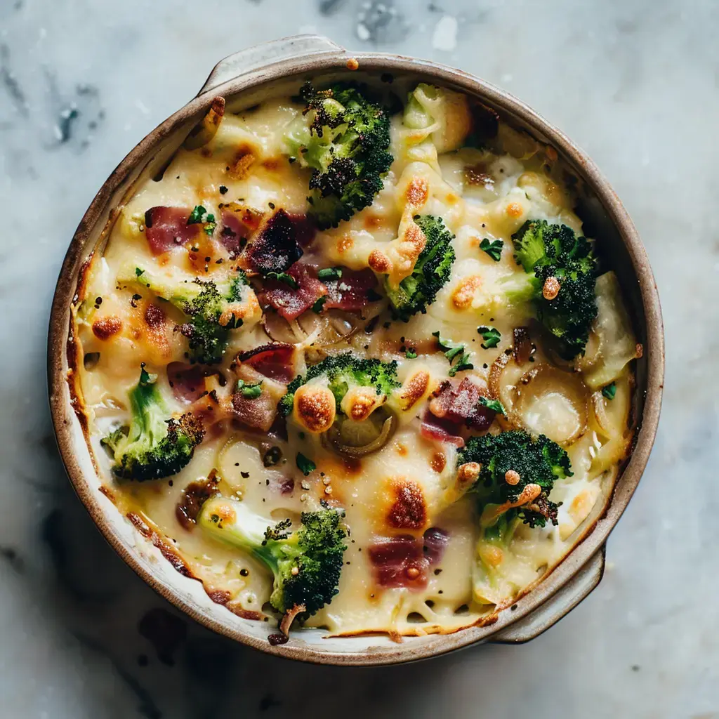 Un plat croustillant au fromage, garni de brocoli et de morceaux de jambon, est servi dans un plat en terre cuite.